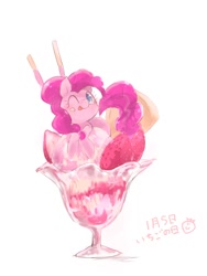 Size: 768x1024 | Tagged: safe, artist:peparonipizza, pinkie pie, earth pony, pony, cup, cup of pony, cute, diapinkes, female, food, ice cream, mare, micro, one eye closed, ponies in food, simple background, solo, strawberry, tongue out, white background, wink