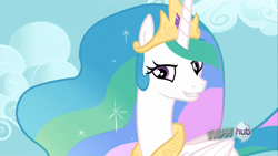 Size: 1024x576 | Tagged: safe, screencap, princess celestia, alicorn, pony, keep calm and flutter on, female, horn, hub logo, mare, multicolored mane, solo, white coat