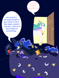 Size: 1024x1357 | Tagged: safe, artist:xxthatsmytypexx, princess celestia, princess luna, alicorn, pony, bed, chips, controller, dialogue, female, food, gamer luna, headset, magic, prone, royal sisters, siblings, sisters, soda, speech bubble, telekinesis