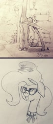 Size: 660x1528 | Tagged: safe, artist:the sexy assistant, grace manewitz, oc, oc:nemo von silver, original species, plane pony, pony, comic, glasses, hangar, hat, monochrome, pencil, plane, size comparison, size difference, tongue out, traditional art