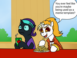 Size: 1439x1080 | Tagged: safe, artist:pony quarantine, edit, editor:apex soundwave, oc, oc only, oc:dyx, oc:nyx, alicorn, pony, caption, duo, eating, exploitable meme, female, filly, fourth wall, image macro, meme, meta, text, uncomfortable