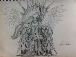 Size: 2592x1936 | Tagged: safe, artist:salenor, princess celestia, anthro, badass, monochrome, throne, traditional art