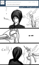 Size: 480x800 | Tagged: safe, artist:dragk, princess celestia, princess luna, oc, oc:dragk, alicorn, pony, canon x oc, dragkestia, female, male, monochrome, self insert, shipping, straight, trollestia