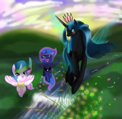 Size: 1430x1384 | Tagged: safe, artist:ashandi, princess celestia, princess luna, queen chrysalis, alicorn, changeling, changeling queen, flutter pony, pony, blushing, flower, flutter pony alicorn, young