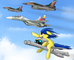 Size: 2600x2100 | Tagged: safe, artist:pandramodo, oc, oc only, oc:airpon, oc:pony-venezuela, original species, plane pony, pony, f-16 fighting falcon, jet fighter, plane, sukhoi, sukhoi 30 mk2, venezuela