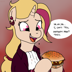 Size: 1800x1800 | Tagged: safe, artist:pony quarantine, oc, oc:melody bash, unicorn, bacon, bib, borger, bun (food), burger, cheese, cheeseburger, ear piercing, earring, food, hamburger, jewelry, juicy, meat, napkin, onion, piercing, ponies eating meat, speech bubble, text, worried