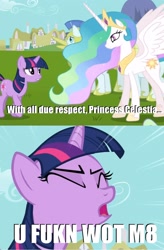 Size: 1142x1744 | Tagged: safe, princess celestia, twilight sparkle, alicorn, pony, keep calm and flutter on, image macro, meme, u wot m8, vulgar