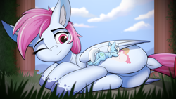 Size: 4096x2304 | Tagged: safe, artist:crash9902, oc, oc only, oc:eula phi, oc:evening skies, pegasus, unicorn, butt, cutie mark, dock, ear fluff, female, licking, looking back, lying on top of someone, macro, macro/micro, mare, micro, one eye closed, plot, size difference, tongue out