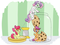 Size: 1024x768 | Tagged: safe, artist:rainbow-douch, apple bloom, scootaloo, sweetie belle, earth pony, pegasus, pony, unicorn, cookie, cutie mark, cutie mark crusaders, eating, female, filly, food, jar, micro, no pupils, pony in a bottle, simple background, string, the cmc's cutie marks, tiny, tiny ponies