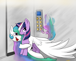 Size: 1280x1024 | Tagged: safe, artist:burnout42, princess celestia, twilight sparkle, alicorn, pony, drunk, drunklestia, elevator, twilight is not amused, unamused