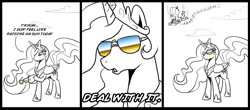 Size: 1000x441 | Tagged: safe, artist:madmax, princess celestia, alicorn, pony, comic, crossover, deal with it, meme, sunglasses, superman