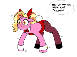 Size: 1999x1499 | Tagged: safe, artist:pony quarantine, luster dawn, pony, unicorn, bunny ears, bunny suit, clothes, cuffs (clothes), female, leotard, make some friends, mare, offscreen character, pantyhose, shaking, simple background, speech bubble, teary eyes, text, transparent background