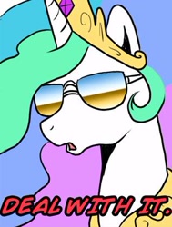 Size: 318x421 | Tagged: safe, artist:madmax, princess celestia, alicorn, pony, deal with it, meme, parody, reaction image, solo, sunglasses