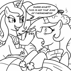 Size: 1000x1000 | Tagged: safe, artist:madmax, princess celestia, princess luna, alicorn, pony, ice pack, lineart, monochrome, nurse, s1 luna, sick, thermometer