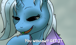 Size: 2496x1499 | Tagged: safe, artist:pony quarantine, trixie, unicorn, /mlp/, candy, drawthread, female, food, hoof on chin, joker (2019), lollipop, looking down, mare, messy mane, redraw, simple background, solo, text