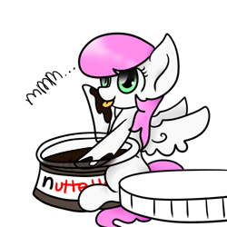 Size: 500x500 | Tagged: safe, artist:wisheslotus, oc, oc only, oc:lily, pegasus, pony, female, food, licking, mare, micro, nutella, pegasus oc, simple background, sitting, tongue out, transparent background, wings