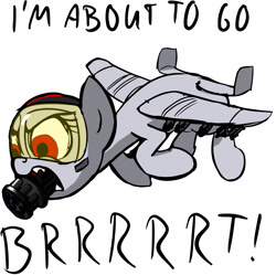 Size: 3000x2983 | Tagged: safe, artist:derkrazykraut, color edit, oc, oc only, oc:blitz, original species, plane pony, pony, a-10 thunderbolt ii, brrrrt, flying, gau-8, glare, open mouth, plane, solo, text