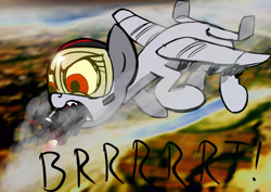Size: 3458x2455 | Tagged: safe, artist:derkrazykraut, color edit, oc, oc only, oc:blitz, original species, plane pony, pony, a-10 thunderbolt ii, angry, brrrrt, female, firing, flying, frown, gau-8, glare, gun, mare, open mouth, plane, sharp teeth, smoke, solo, teeth, text, weapon