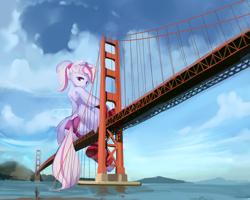 Size: 4000x3200 | Tagged: safe, artist:qweeli, oc, oc only, oc:windbreaker, human, pegasus, semi-anthro, bridge, clothes, cloud, giant pony, golden gate bridge, looking back, macro, panties, ponytail, purple underwear, sitting, socks, striped socks, underwear, waist wings, wings