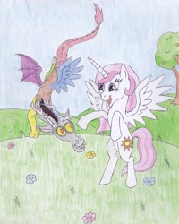 Size: 2507x3132 | Tagged: safe, artist:tallest-ariva, discord, princess celestia, alicorn, pony, dislestia, female, male, pink-mane celestia, shipping, straight, traditional art, younger