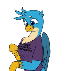 Size: 1000x1000 | Tagged: safe, artist:pony quarantine, gallus, griffon, clothes, gallabuse, insult, looking down, male, palindrome get, shirt, simple background, solo, vulgar, white background