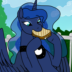 Size: 1500x1500 | Tagged: safe, artist:pony quarantine, princess luna, alicorn, pony, /mlp/, 4chan, cheese, cute, drawthread, eating, female, food, glorious grilled cheese, grilled cheese, lunabetes, mare, nom, outdoors, sandwich, solo