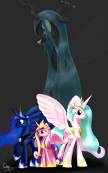 Size: 2000x3200 | Tagged: safe, artist:caumen, princess cadance, princess celestia, princess luna, queen chrysalis, alicorn, changeling, changeling queen, pony