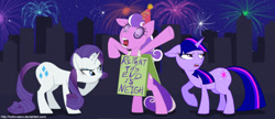 Size: 1632x704 | Tagged: safe, artist:hollowzero, rarity, screwball, twilight sparkle, earth pony, pony, unicorn, female, fireworks, group, new year, repent, the end is neigh, trio