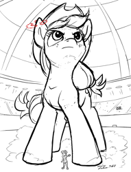 Size: 2000x2611 | Tagged: safe, artist:tsitra360, apple bloom, applejack, earth pony, human, pony, black and white, clothes, cowboy hat, crossover, dynamax, giant pony, grayscale, hat, humanized, lineart, macro, monochrome, nintendo, pokemon sword and shield, pokémon, stadium, stetson, trainer, video game crossover