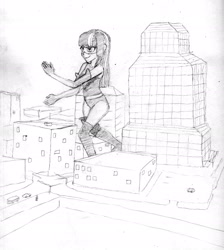 Size: 1993x2229 | Tagged: safe, artist:fluor1te, twilight sparkle, human, anime style, belt, city, clothes, female, fighting stance, giantess, gloves, humanized, leggings, macro, magic gaia, monochrome, parking lot, pencil drawing, request, sketch, skyscraper, street, superhero, traditional art