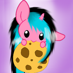 Size: 800x800 | Tagged: safe, artist:auroraswirls, oc, oc only, oc:fwizzle, pony, unicorn, chibi, cookie, female, food, gradient background, horn, mare, micro, solo, unicorn oc