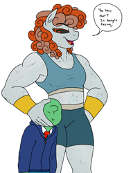 Size: 3000x3900 | Tagged: safe, artist:pony quarantine, oc, oc:anon, oc:greekpone, anthro, human, alternative colors, armband, clothes, compression shorts, dialogue, hoodie, marble, necktie, open mouth, simple background, spandex, speech bubble, sports bra, statue, white background
