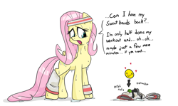 Size: 1285x768 | Tagged: safe, artist:shrabby, fluttershy, oc, oc:anon, pegasus, pony, hurricane fluttershy, fetish, micro, sweat, sweatband