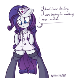 Size: 1122x1148 | Tagged: safe, artist:dsp2003, artist:lovepaddles, rarity, pony, semi-anthro, unicorn, collaboration, 2017, bipedal, blushing, colored, cute, dialogue, dressup game, nurse outfit, raribetes, simple background, solo, valentine (skullgirls), white background