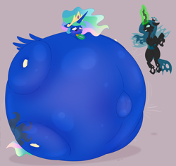 Size: 2160x2040 | Tagged: safe, artist:necrofeline, princess celestia, queen chrysalis, alicorn, changeling, changeling queen, pony, belly, berrylestia, blueberry inflation, blushing, bubblegum, female, food, force feeding, gum, immobile, impossibly large belly, inflation, levitation, magic, open mouth, outie belly button, round belly, sweat, sweatdrops, telekinesis