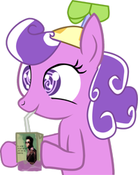 Size: 900x1138 | Tagged: safe, artist:heartbeatwithnosound, screwball, earth pony, human, pony, drinking, female, fight club, hat, jack, juice box, propeller hat, simple background, solo, solo female, straw, swirly eyes, transparent background, tyler durden, vector
