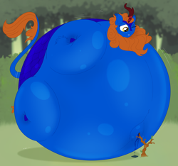 Size: 1920x1800 | Tagged: safe, artist:necrofeline, autumn blaze, kirin, belly, belly button, blueberry inflation, blushing, immobile, impossibly large belly, inflation, juice, one eye closed, plant, round belly, sapling, smiling, this will end in explosions, tree, tree branch