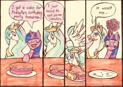 Size: 3504x2488 | Tagged: safe, artist:ooodanaooo, princess celestia, twilight sparkle, alicorn, pony, cake, cakelestia, candle, comic, eating, nom, traditional art