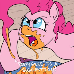 Size: 1500x1500 | Tagged: safe, artist:pony quarantine, pinkie pie, earth pony, pony, bowl, cheese, chip, chips, dialogue, food, messy, nachos, open mouth, redraw, solo, table, text