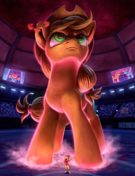 Size: 2298x3000 | Tagged: safe, artist:tsitra360, apple bloom, applejack, rainbow dash, scootaloo, earth pony, human, pony, audience, clothes, digital art, dynamax, female, giant pony, humanized, macro, mare, nintendo, pokemon sword and shield, pokéball, pokémon, poképony, serious, serious face, smiling, stadium, trainer