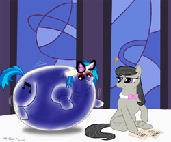 Size: 975x813 | Tagged: safe, artist:necrofeline, part of a series, part of a set, dj pon-3, octavia melody, vinyl scratch, earth pony, pony, unicorn, belly, belly bed, bingo wings, blueberry inflation, bowtie, commission, confused, duo, duo female, female, impossibly large belly, inflation, neck roll, question mark, red eyes, sequence, sheet music, sitting, sunglasses