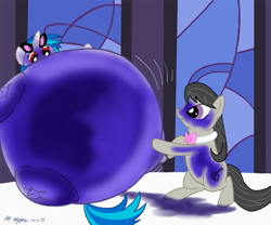 Size: 975x813 | Tagged: safe, artist:necrofeline, part of a series, part of a set, dj pon-3, octavia melody, vinyl scratch, earth pony, pony, unicorn, belly, blueberry inflation, bowtie, commission, contagion, duo, duo female, female, impossibly large belly, inflation, juice, pushing, red eyes, round belly, sequence, sunglasses