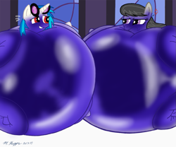 Size: 975x813 | Tagged: safe, artist:necrofeline, part of a series, part of a set, dj pon-3, octavia melody, vinyl scratch, earth pony, pony, unicorn, belly, blueberry inflation, commission, cross-popping veins, duo, duo female, female, frown, impossibly large belly, inflation, looking at each other, octavia is not amused, red eyes, round belly, sequence, sheepish grin, sunglasses, sweat, sweatdrops, unamused