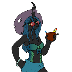 Size: 3000x3000 | Tagged: safe, artist:pony quarantine, queen chrysalis, anthro, changeling, changeling queen, bracket, clothes, coconut, drink, female, finger out, food, fruit, hand on hip, hat, scowl, simple background, solo, sunglasses, swimsuit, transparent background