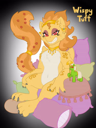 Size: 3024x4032 | Tagged: safe, artist:wispy tuft, oc, oc only, oc:wispy tuft, big cat, leopard, sphinx, black nail polish, cactus flower, egyptian, guard, hypnosis, jewelry, jewelry only, macro, macro/micro, pillow, ponysona, reference sheet, solo, sphinxsona