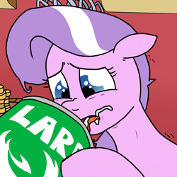 Size: 1499x1499 | Tagged: safe, artist:pony quarantine, diamond tiara, barrel, bits, eating, gross, jewelry, lard, school, solo, this will end in weight gain, tiara, trembling