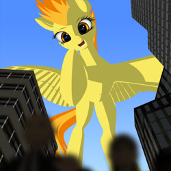 Size: 1634x1634 | Tagged: safe, artist:styroponyworks, part of a series, part of a set, spitfire, pegasus, pony, city, female, giant pegasus, giant pony, looking down, macro, open mouth, solo