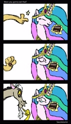 Size: 2126x3685 | Tagged: safe, artist:sausesource, discord, princess celestia, alicorn, pony, cake, cakelestia, comic, crying, discord being discord, no mouth, no nose