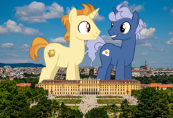 Size: 1920x1314 | Tagged: artist needed, safe, artist:dragonchaser123, golden crust, midnight snack (character), pony, unicorn, austria, friendship student, giant pony, highrise ponies, irl, macro, male, photo, ponies in real life, vienna