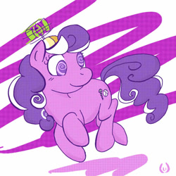 Size: 540x540 | Tagged: safe, artist:flutterv, screwball, earth pony, pony, female, floating, flying, hat, propeller hat, solo, swirly eyes